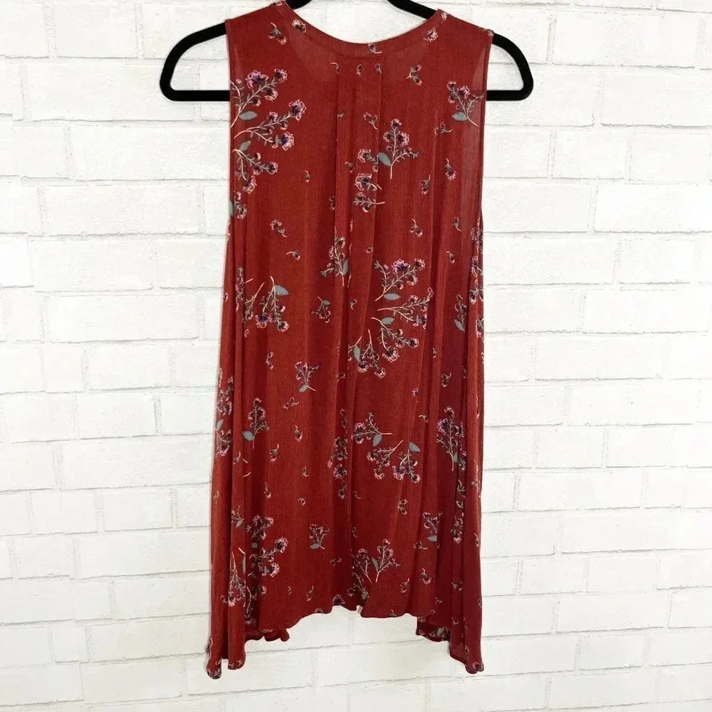 Free People Burnt Red Floral Sleeveless Boho Tunic Mini Dress Women's Size Small